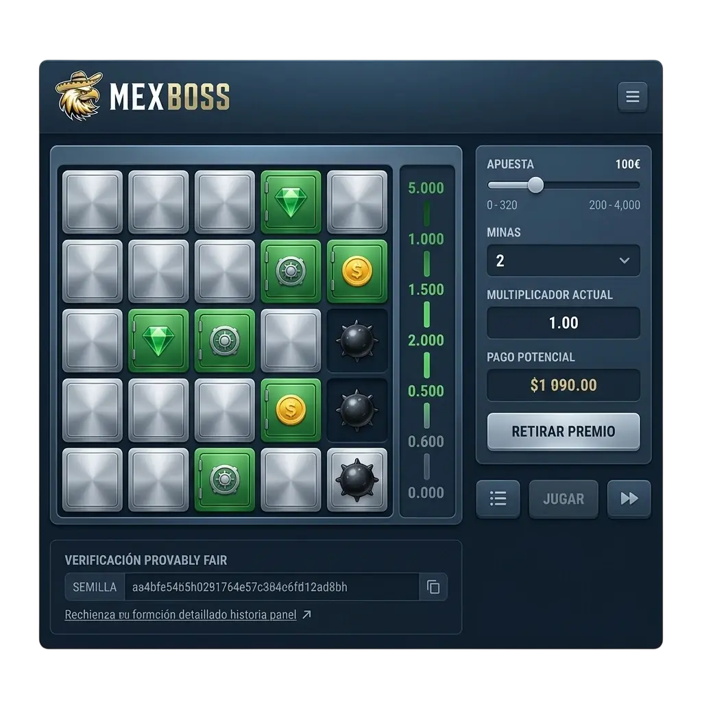 Cuadrícula del juego Mines en MexBoss con celdas ocultas y minas